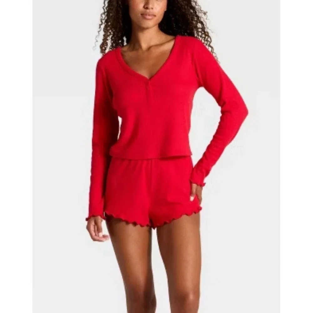 Women's Waffle‎ Long Sleeve Top and Shorts Pajama Set-red size XXS Wild Fable